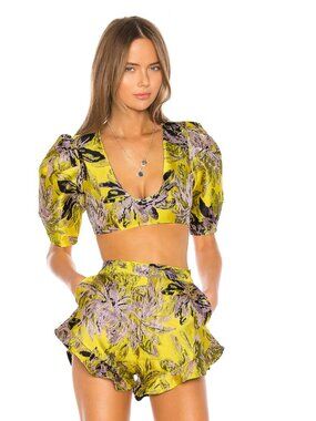 Camila Coelho Revolve Kahlo Crop Top & Shorts Jacquard Yellow Baroque Tropical